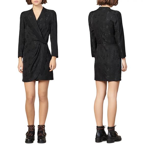 Sandro Wells Dress Black Jacquard Size 8 Long Sleeve Wrap Pleated Chic French - Picture 3 of 16